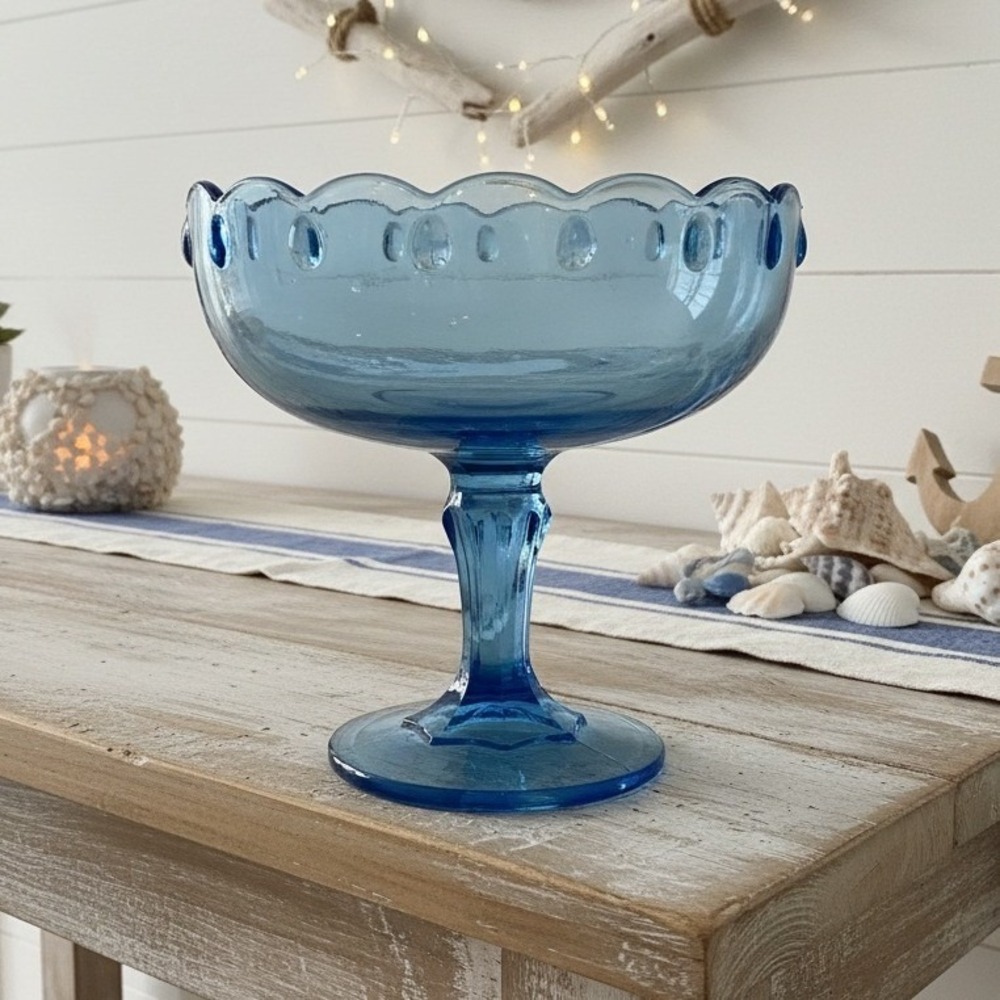 Vintage Indiana Glass 7.5" Pedestal Compote Teardrop Blue With Scalloped Rim